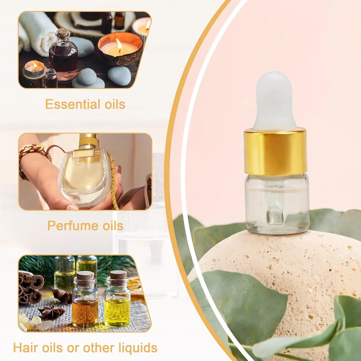 100pcs Mini Glass Dropper Bottle for Essential Oil,1ml Small Clear Sample Dropper Vails with Gold Cap,Perfume Cosmetic Liquid Containers for Traveling
