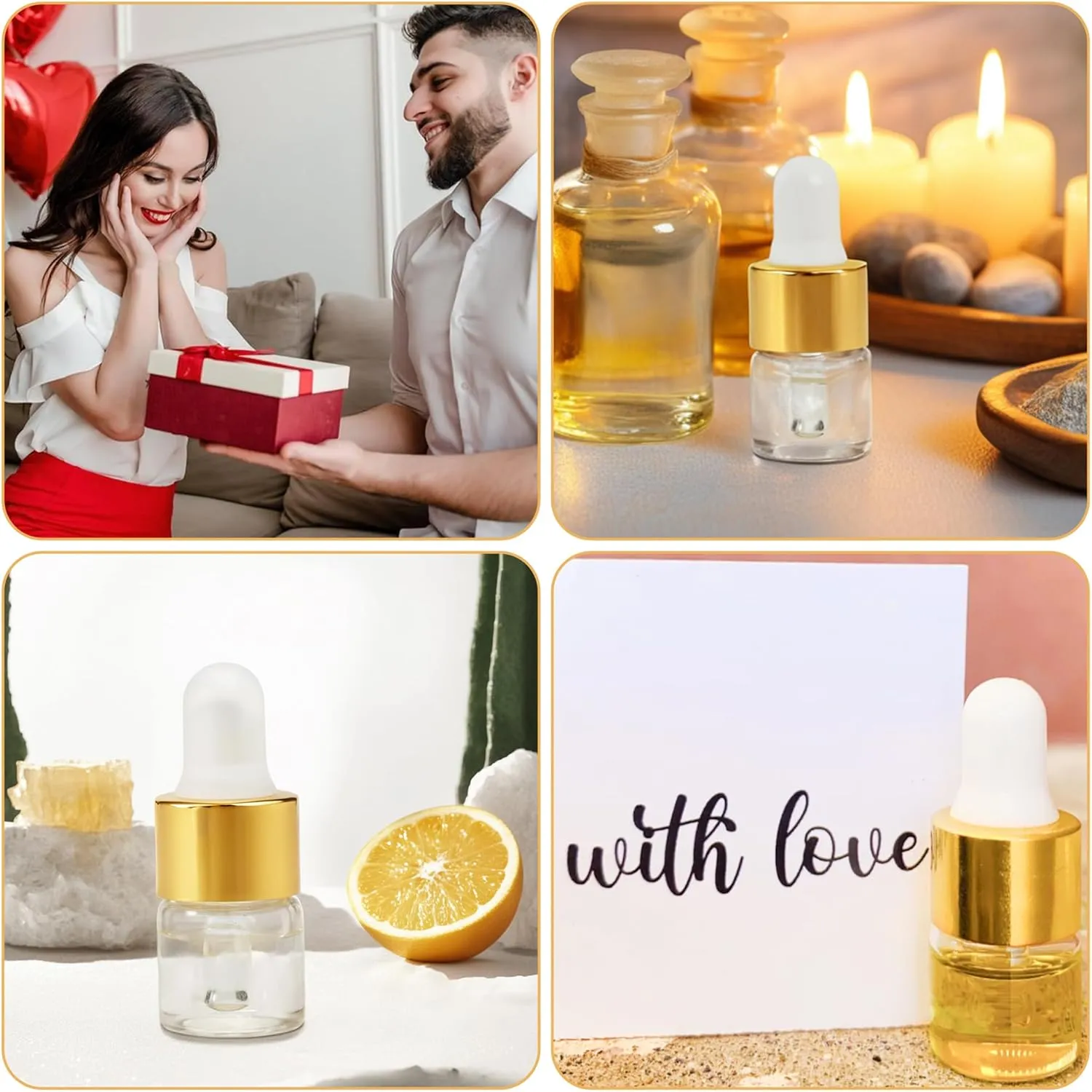100pcs Mini Glass Dropper Bottle for Essential Oil,1ml Small Clear Sample Dropper Vails with Gold Cap,Perfume Cosmetic Liquid Containers for Traveling