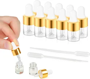 100pcs Mini Glass Dropper Bottle for Essential Oil,1ml Small Clear Sample Dropper Vails with Gold Cap,Perfume Cosmetic Liquid Containers for Traveling
