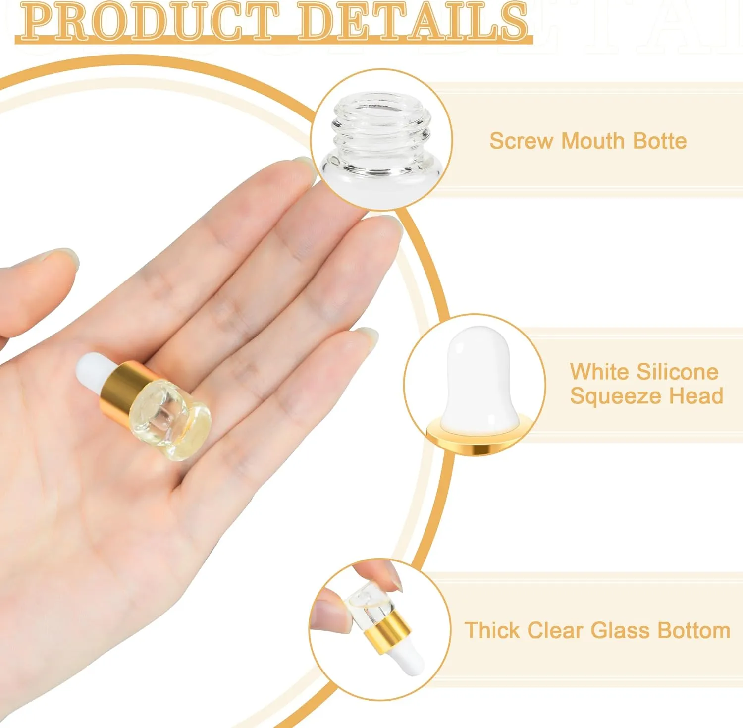 100pcs Mini Glass Dropper Bottle for Essential Oil,1ml Small Clear Sample Dropper Vails with Gold Cap,Perfume Cosmetic Liquid Containers for Traveling