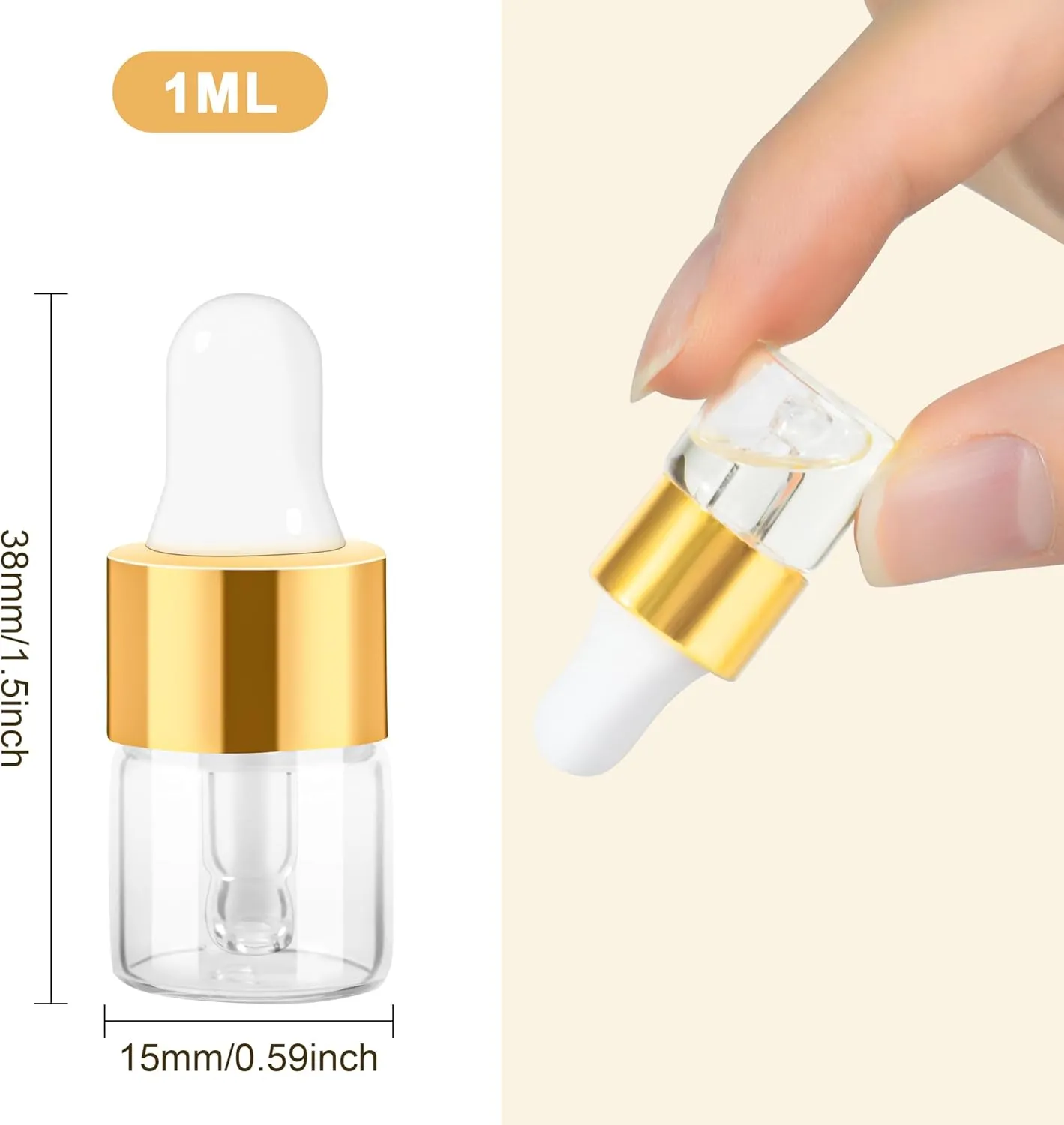 100pcs Mini Glass Dropper Bottle for Essential Oil,1ml Small Clear Sample Dropper Vails with Gold Cap,Perfume Cosmetic Liquid Containers for Traveling