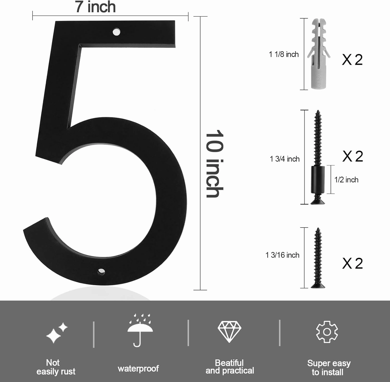 10 Inch Modern House Number 5 Flush or Floating Mount Frosted Matte Black Acrylic Visible Address Number for Home Weatherproof Door Porch Exterior Floating House Easy Installation With Screw Set No.5