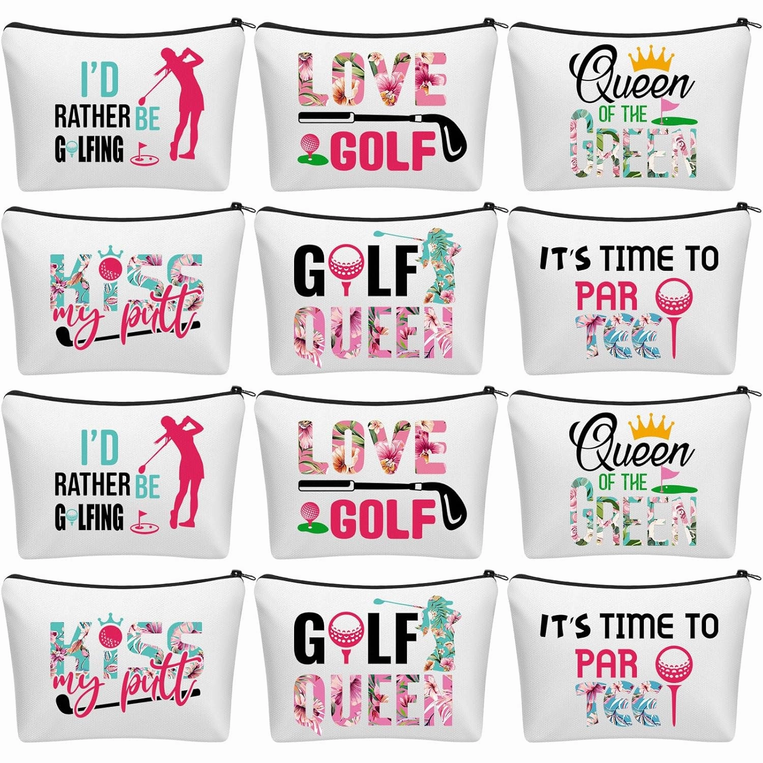 12 Pcs Golf Gifts for Women Female Cosmetic Bags Golfer Makeup Bag Canvas Toiletry Pouch with Zipper Accessories for Women Ladies Golf Lover Player Fans Birthday Gifts