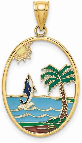 14k Yellow Gold Enamel Dolphin Jumping in Beach Scene Charm Pendant Fine Jewelry For Women Gifts For Her