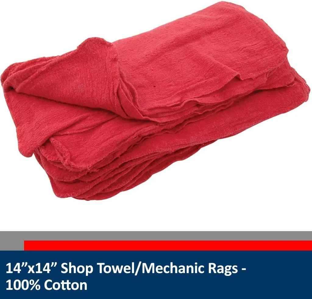 14x14 Inch Shop Towel/Cleaning Mechanic Rags - 100% Cotton Commercial Towels, Perfect for Automotive Garage, Kitchen, Home (RED) (100 Count)