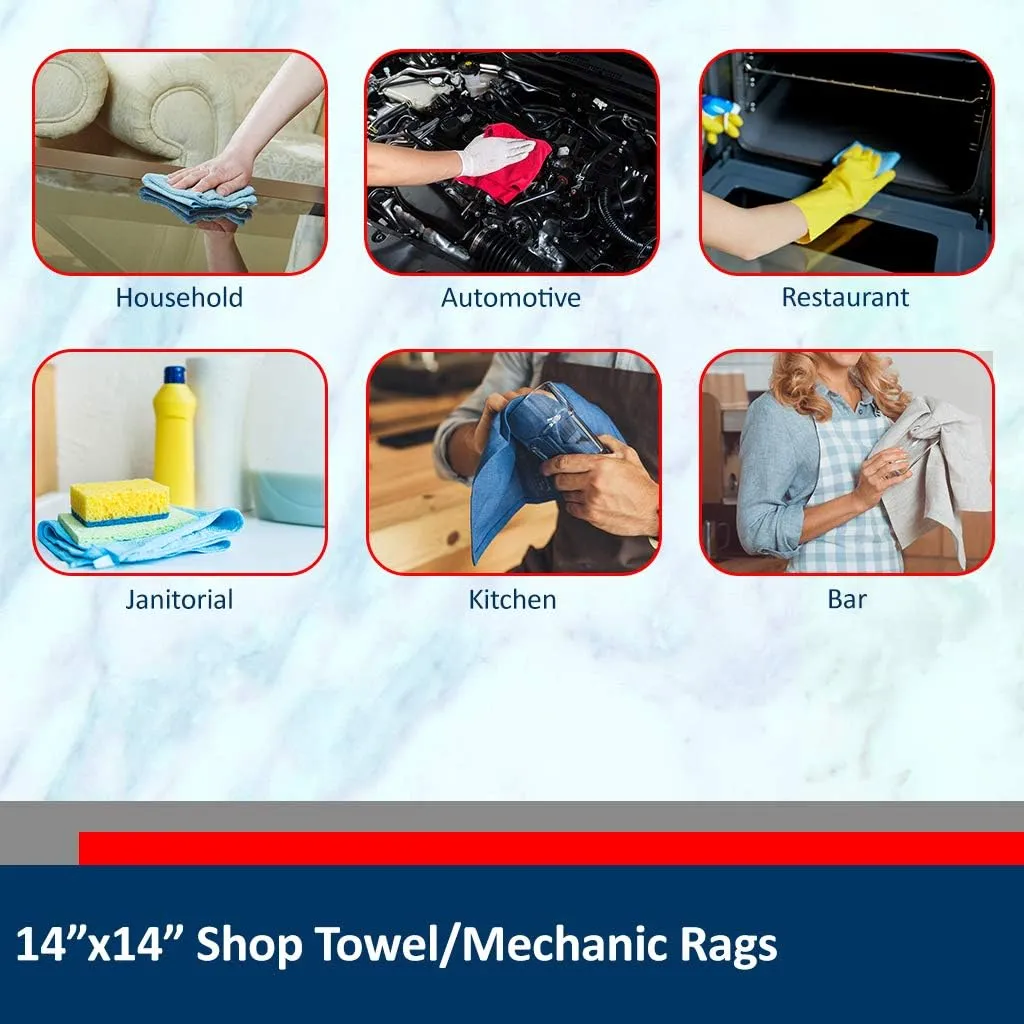 14x14 Inch Shop Towel/Cleaning Mechanic Rags - 100% Cotton Commercial Towels, Perfect for Automotive Garage, Kitchen, Home (RED) (100 Count)