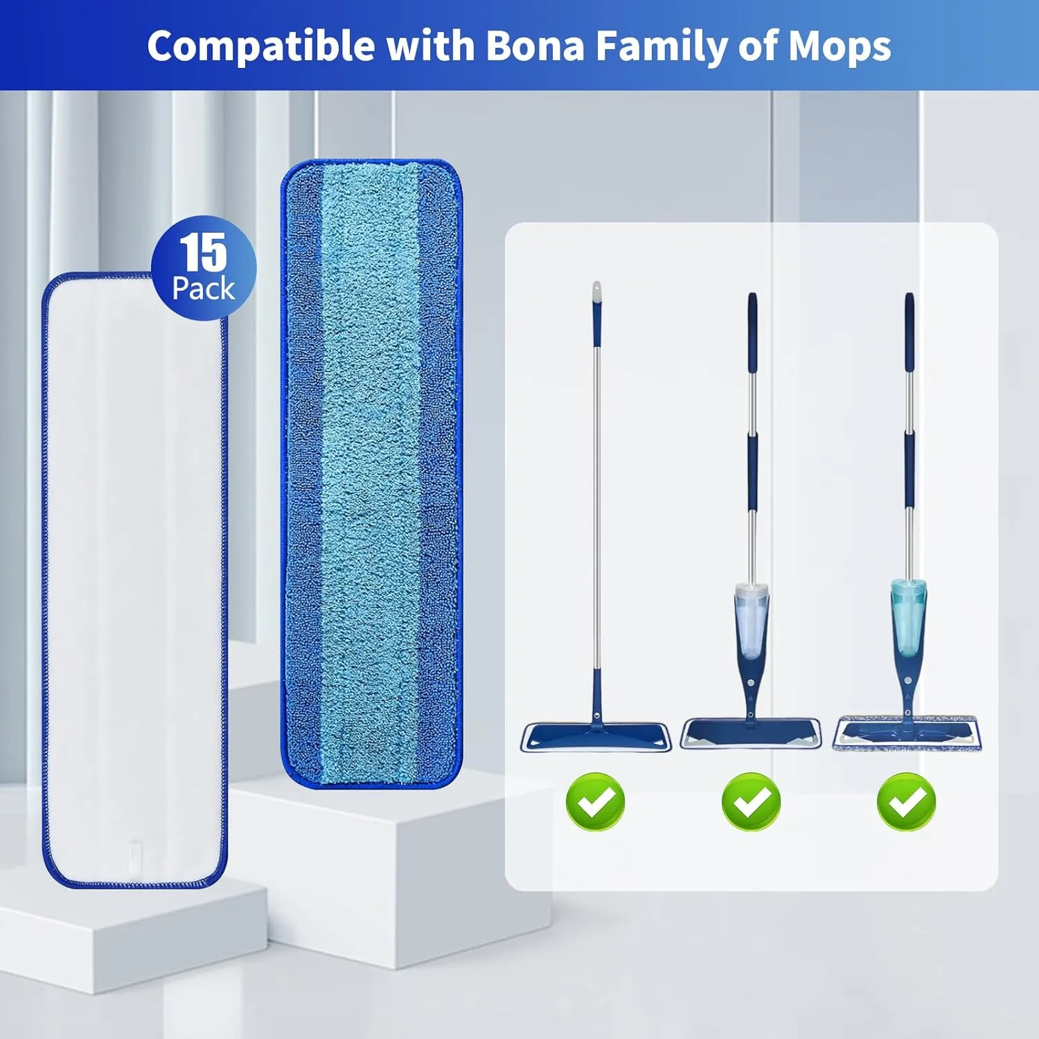 15 Pack Microfiber Cleaning Pads for Bona Family of Mops,Washable & Reusable Mop Pads Refill Replacement Safe for Hardwood and Multi-Surfac Floors Have Super-Absorbent