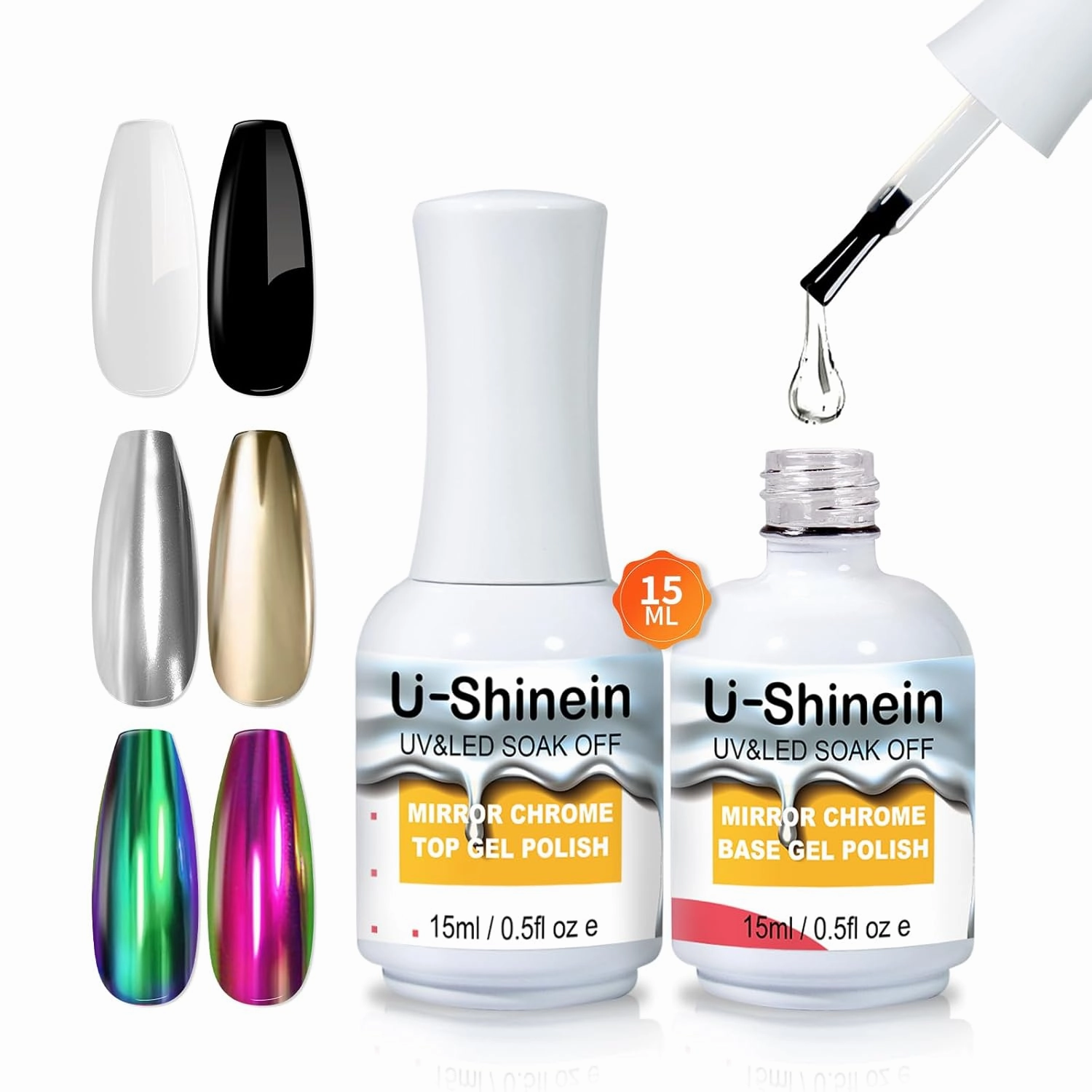 15ml Top Coat and Base Coat Set for Metallic Painting Gel, No Wipe Clear Top and Base Gel Polish for Metallic Gel Nail Polish, Chrome Nail Powder, Mirror Nail Gel, Mirror Chrome Effect