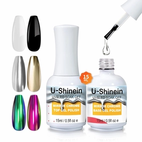 15ml Top Coat and Base Coat Set for Metallic Painting Gel, No Wipe Clear Top and Base Gel Polish for Metallic Gel Nail Polish, Chrome Nail Powder, Mirror Nail Gel, Mirror Chrome Effect