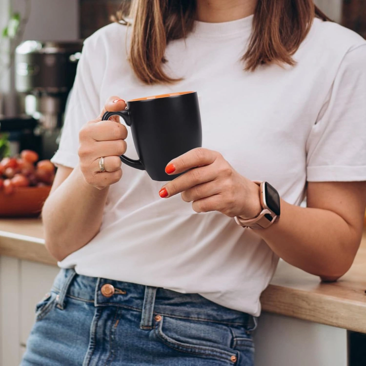 16 OZ Stoneware Coffee Mug Set of 6, Black Ceramic Mug with Different Color Inside, Colorful Porcelain Mug with Handle for Latte Espresso Cappuccino