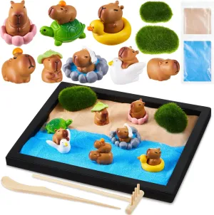 18 Pcs Capybara Zen Garden Kit for Desk Mini Capybara Figures 8.5" x 6.7" Sand Garden Box Decor Set Desk Accessory Gift for Home Office Micro Landscape Decor