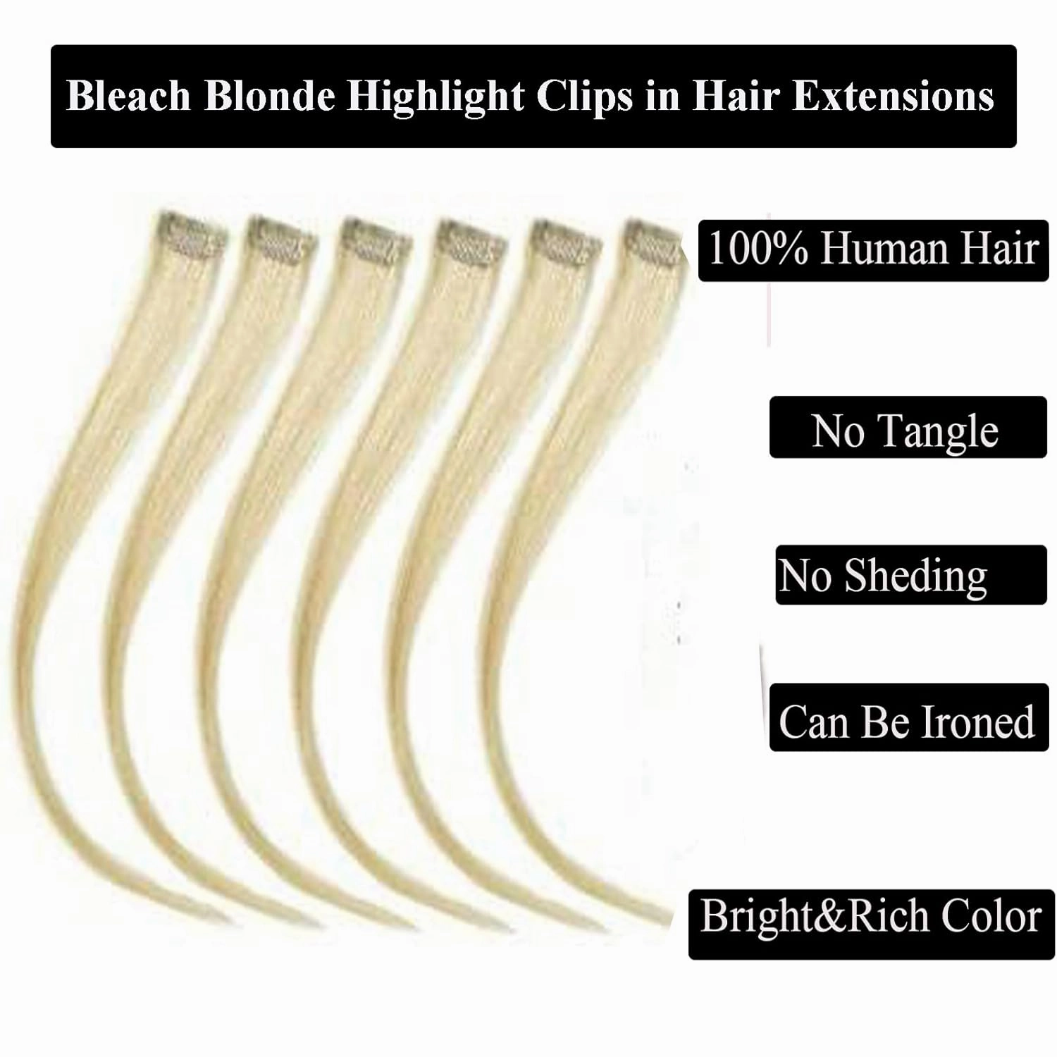 18 Inch High light Clip in Human Hair Extensions 100% Straight Clip on Party Highlights Colored Hair Extensions 6 Pieces/set (Bleach Blonde)