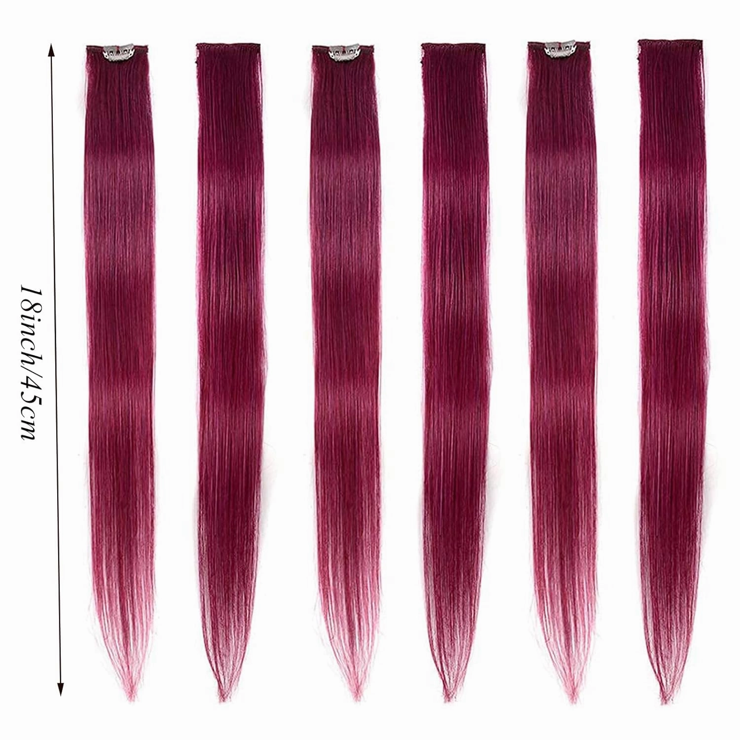 18 Inch High light Clip in Human Hair Extensions 100% Straight Clip on Party Highlights Colored Hair Extensions 6 Pieces/set (Burgundy)