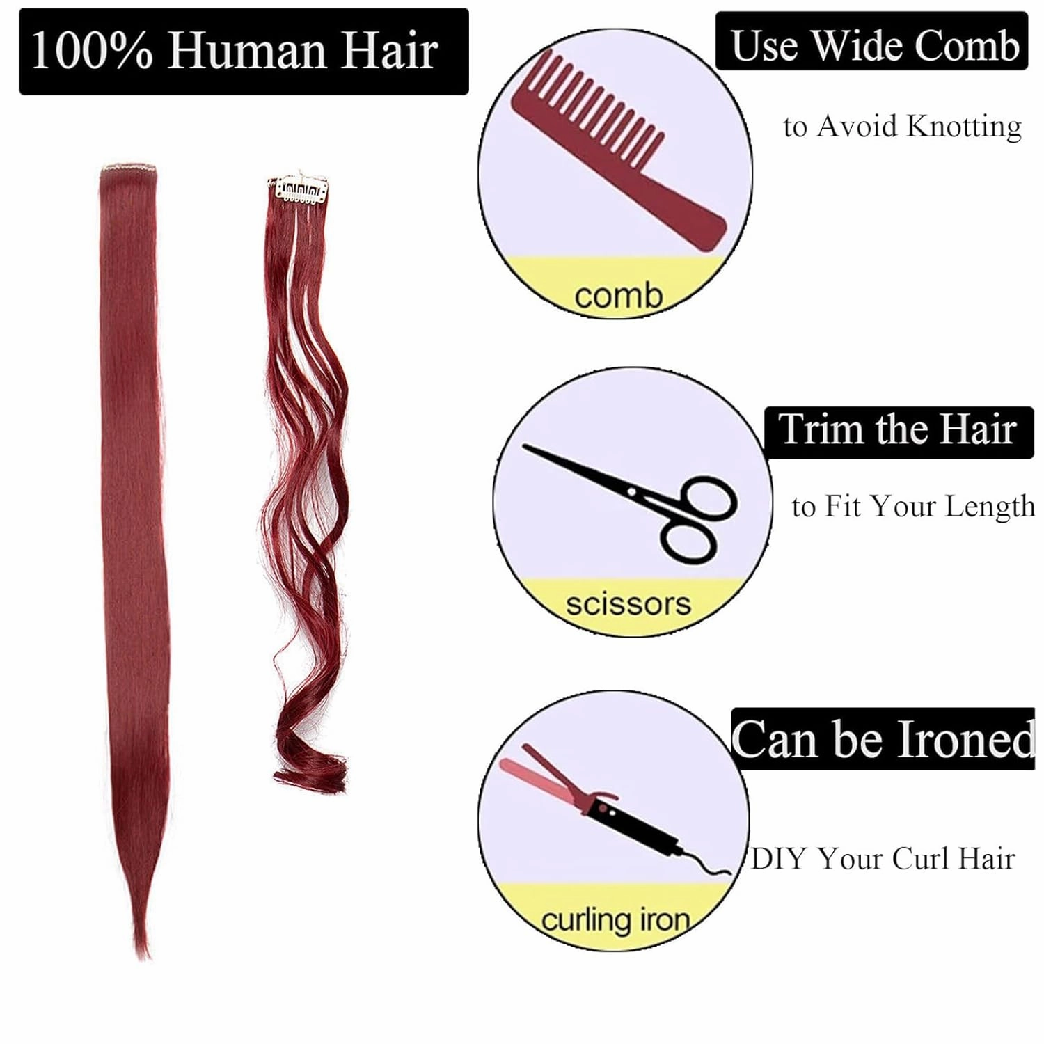 18 Inch High light Clip in Human Hair Extensions 100% Straight Clip on Party Highlights Colored Hair Extensions 6 Pieces/set (Burgundy)