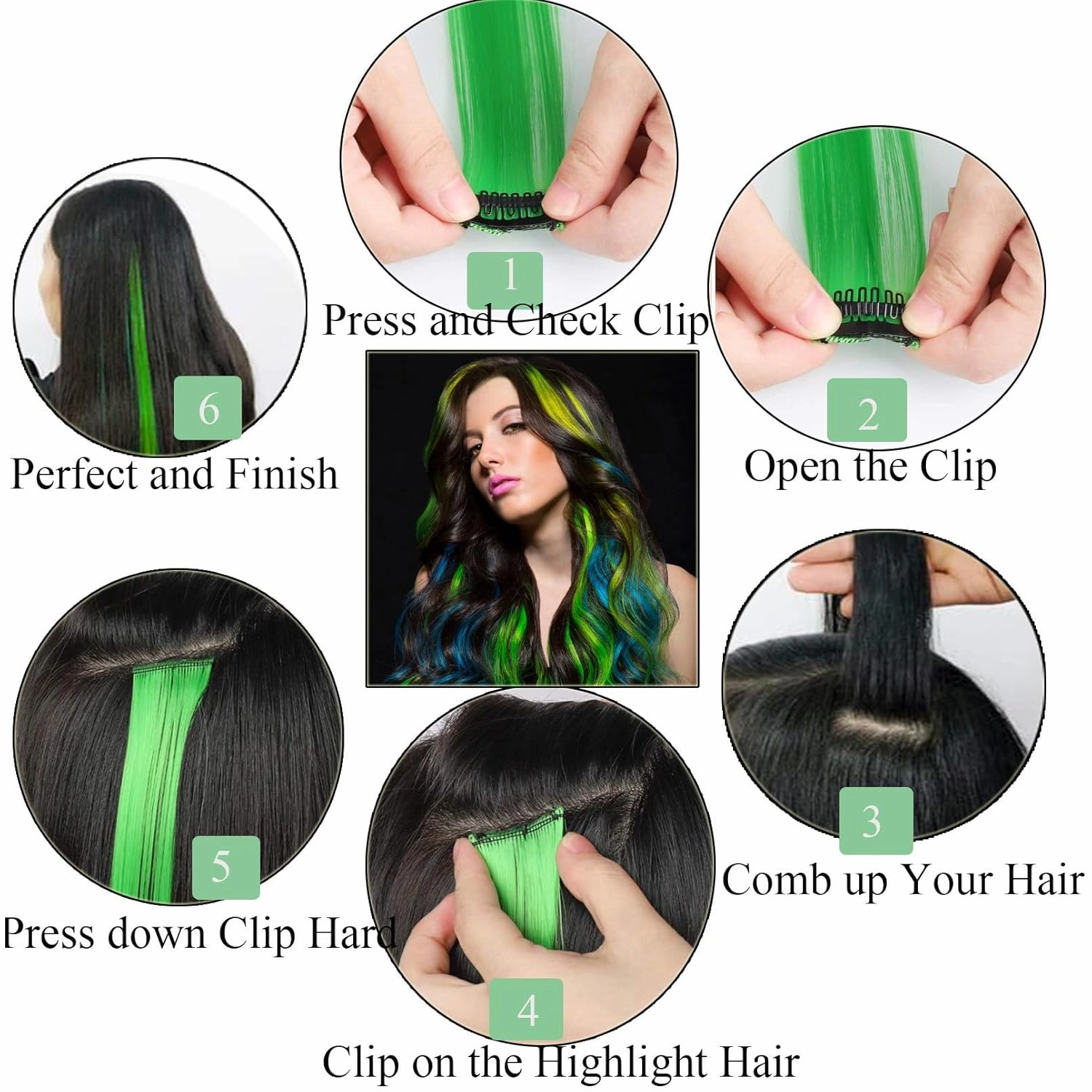 18 Inch High light Clip in Human Hair Extensions 100% Straight Clip on Party Highlights Colored Hair Extensions 6 Pieces/set (Green)