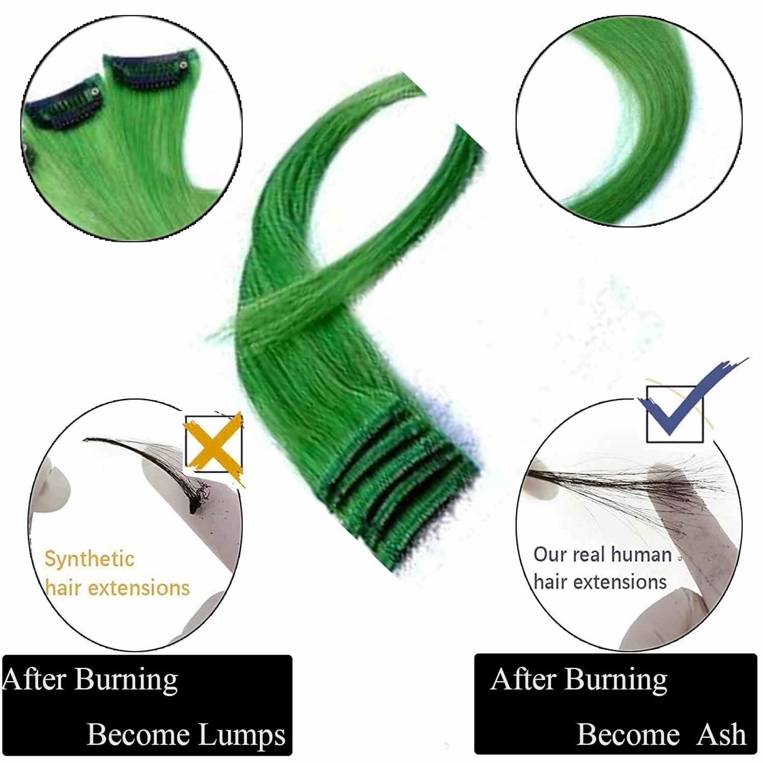 18 Inch High light Clip in Human Hair Extensions 100% Straight Clip on Party Highlights Colored Hair Extensions 6 Pieces/set (Green)