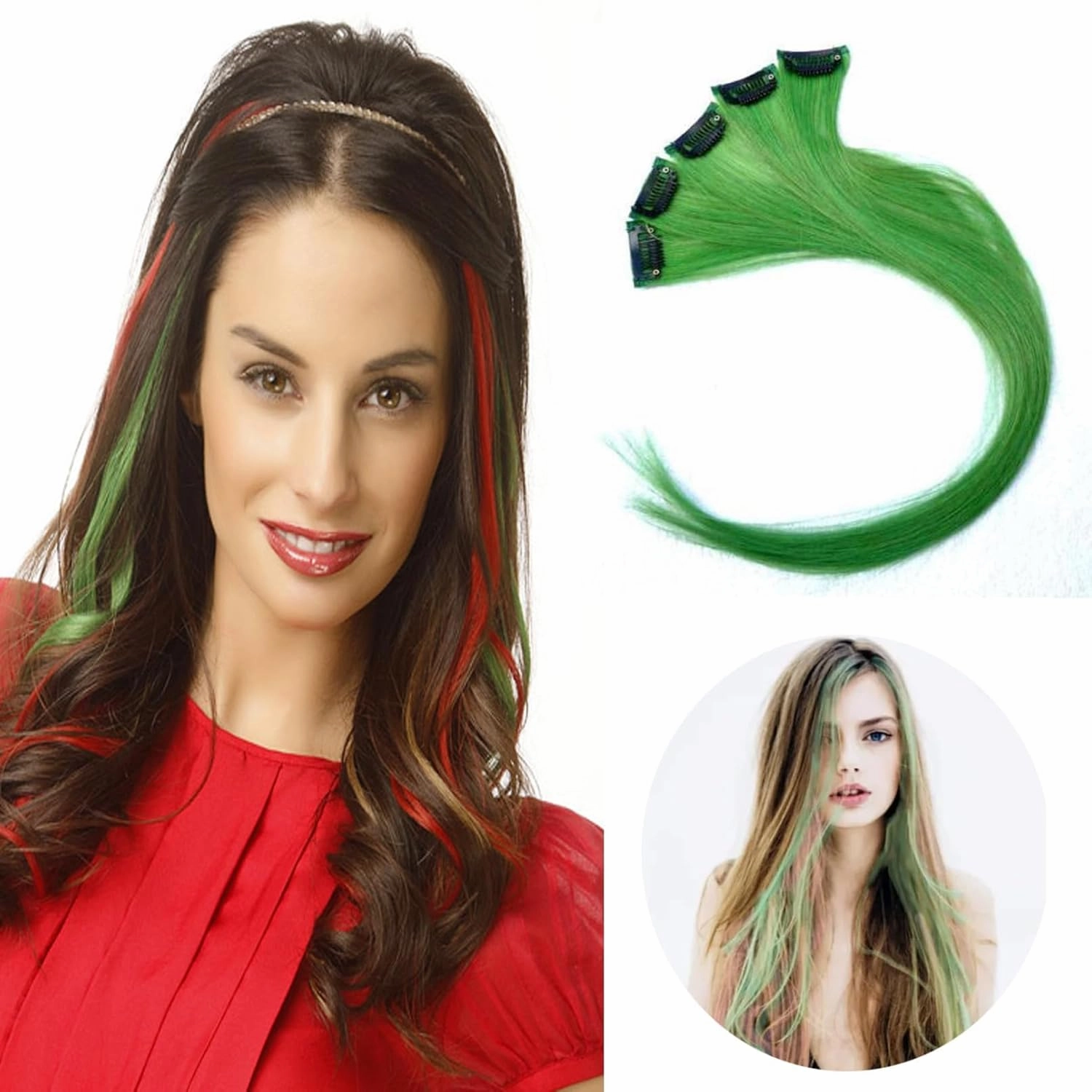 18 Inch High light Clip in Human Hair Extensions 100% Straight Clip on Party Highlights Colored Hair Extensions 6 Pieces/set (Green)