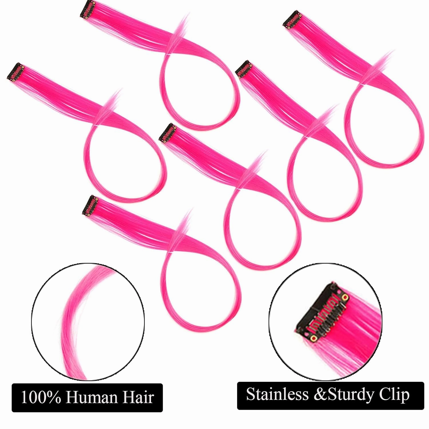 18 Inch High light Clip in Human Hair Extensions 100% Straight Clip on Party Highlights Colored Hair Extensions 6 Pieces/set (Hot Pink)