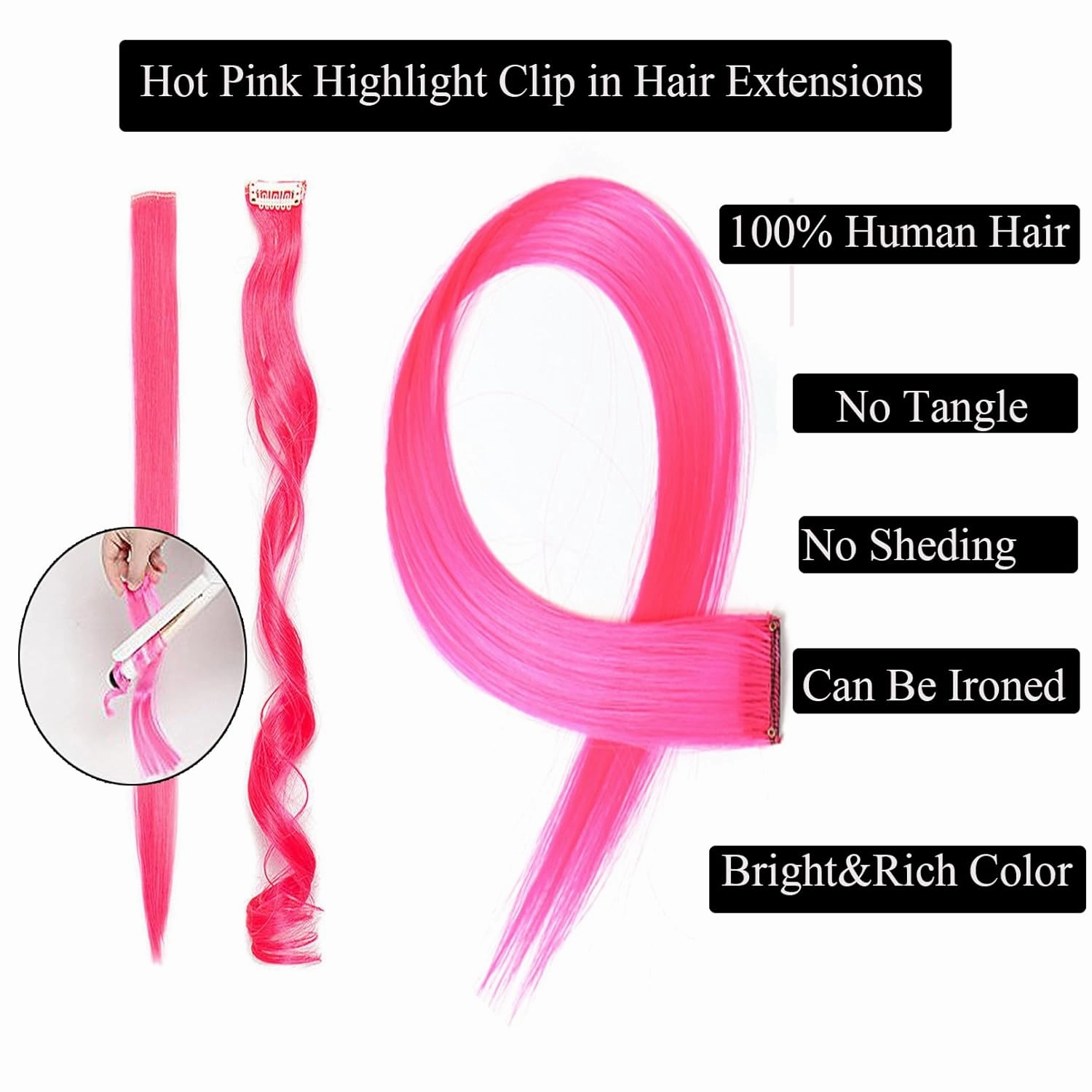 18 Inch High light Clip in Human Hair Extensions 100% Straight Clip on Party Highlights Colored Hair Extensions 6 Pieces/set (Hot Pink)