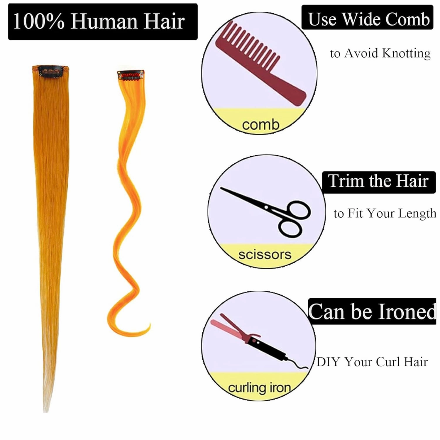 18 Inch High light Clip in Human Hair Extensions 100% Straight Clip on Party Highlights Colored Hair Extensions 6 Pieces/set (Orange)