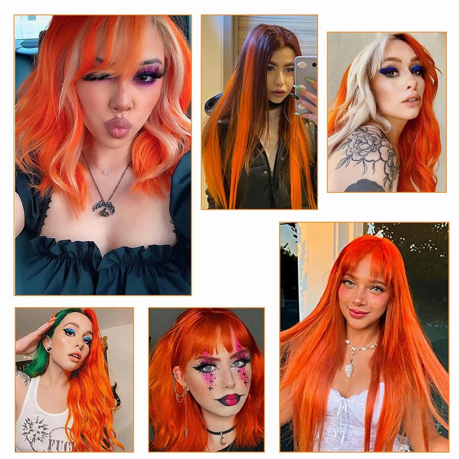 18 Inch High light Clip in Human Hair Extensions 100% Straight Clip on Party Highlights Colored Hair Extensions 6 Pieces/set (Orange)