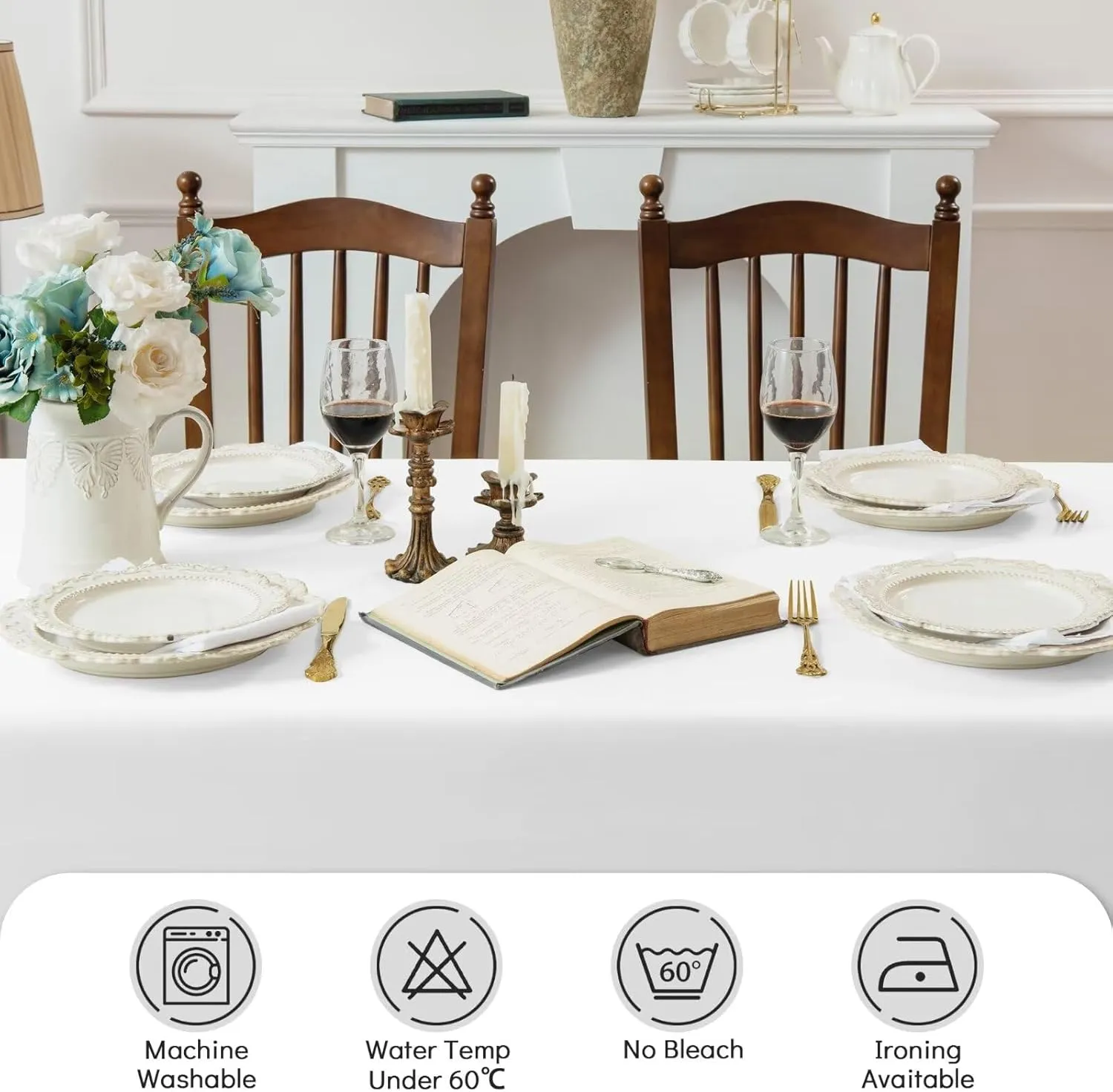 2 Pack White Rectangle Tablecloth - 60 x 84 Inch Fabric Table Cloth, Waterproof and Wrinkle Resistant Washable Polyester Table Cover for Dining Table, Buffet Parties and Camping, 60"W x 84"L