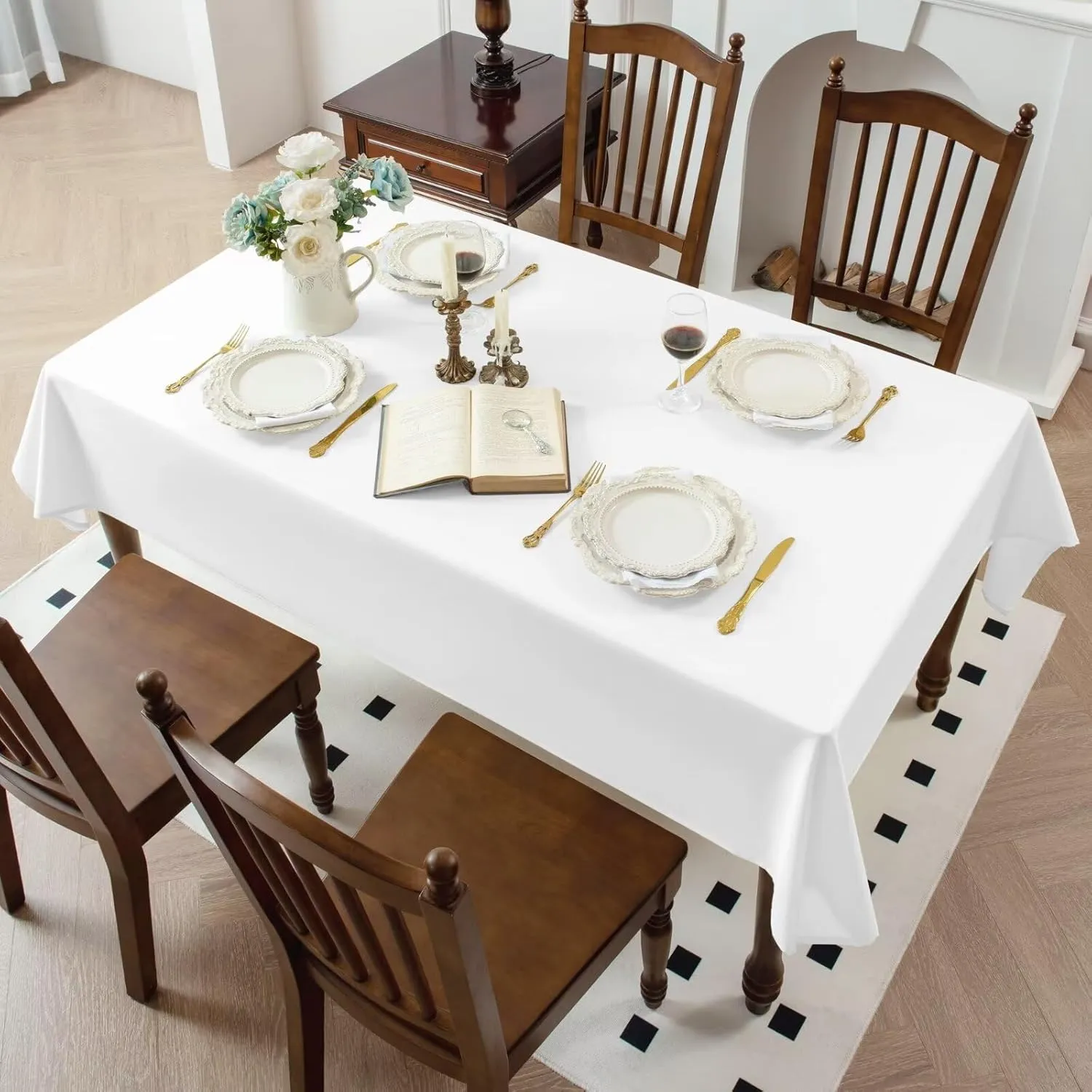 2 Pack White Rectangle Tablecloth - 60 x 84 Inch Fabric Table Cloth, Waterproof and Wrinkle Resistant Washable Polyester Table Cover for Dining Table, Buffet Parties and Camping, 60"W x 84"L