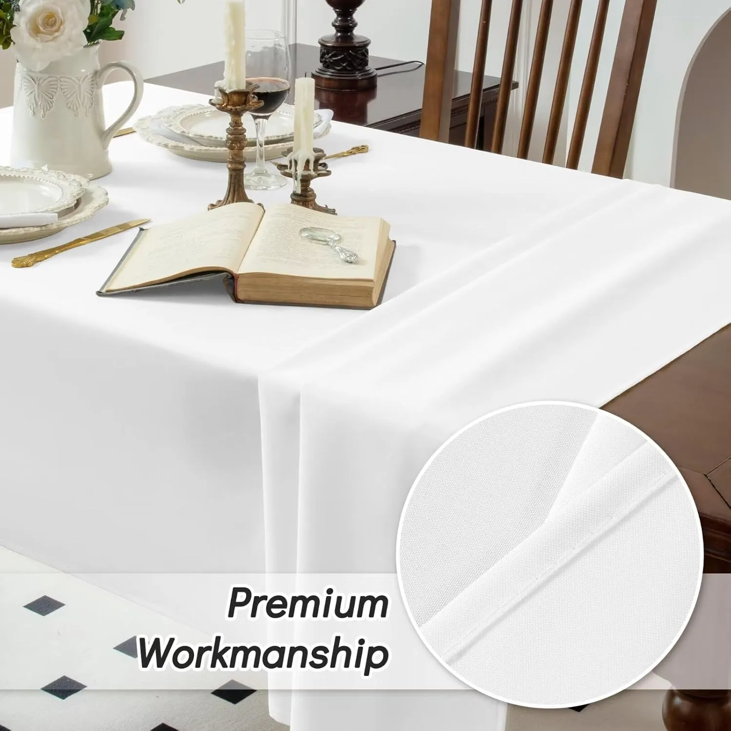 2 Pack White Rectangle Tablecloth - 60 x 84 Inch Fabric Table Cloth, Waterproof and Wrinkle Resistant Washable Polyester Table Cover for Dining Table, Buffet Parties and Camping, 60"W x 84"L