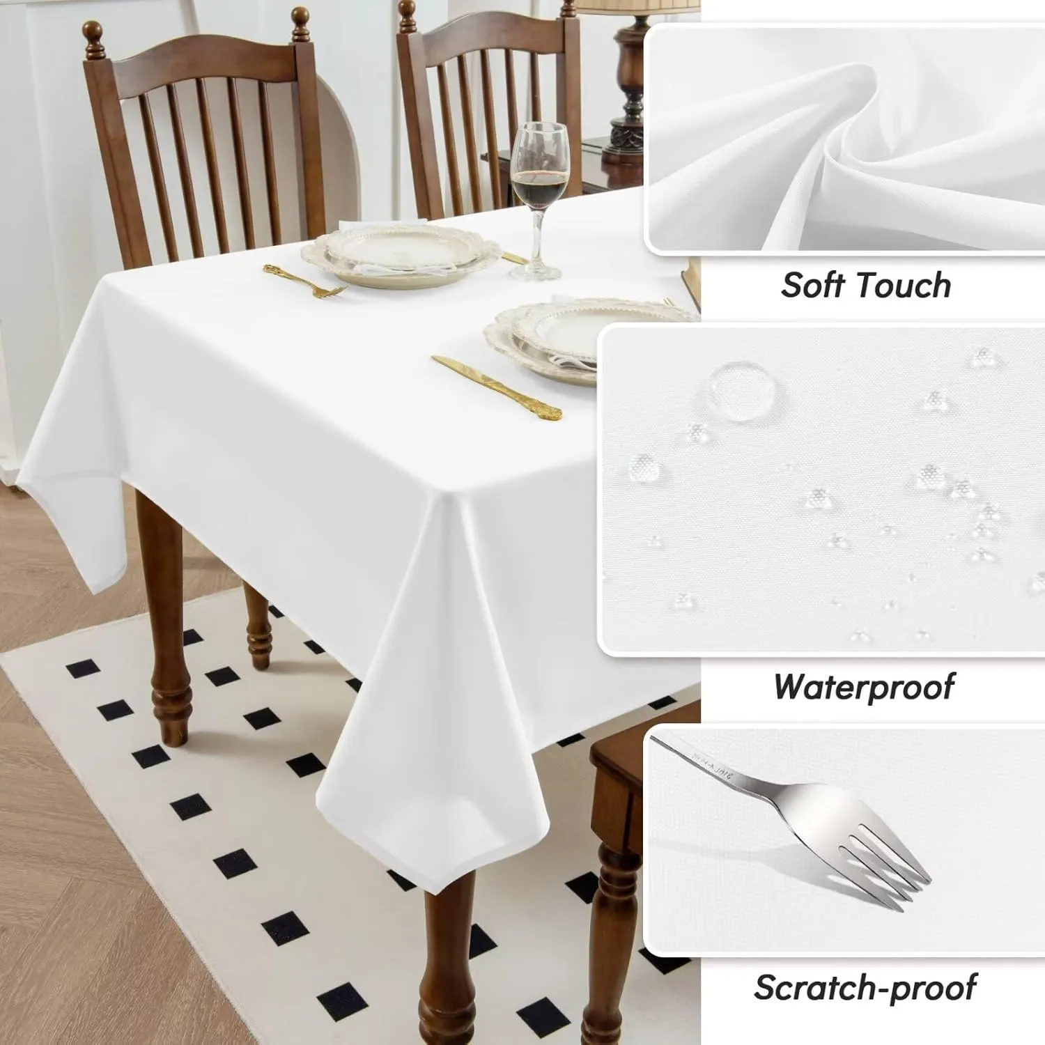 2 Pack White Rectangle Tablecloth - 60 x 84 Inch Fabric Table Cloth, Waterproof and Wrinkle Resistant Washable Polyester Table Cover for Dining Table, Buffet Parties and Camping, 60"W x 84"L