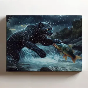 (20 x 16 x 1.25 IN) Gallery Wrapped Canvas Wall Art Print of Gothic Art of a Celestial Panther with Starry Fur Catching Fish in a Thunderstorm River Setting - Evoking Ancient Resili - 925UNCAi468403WH