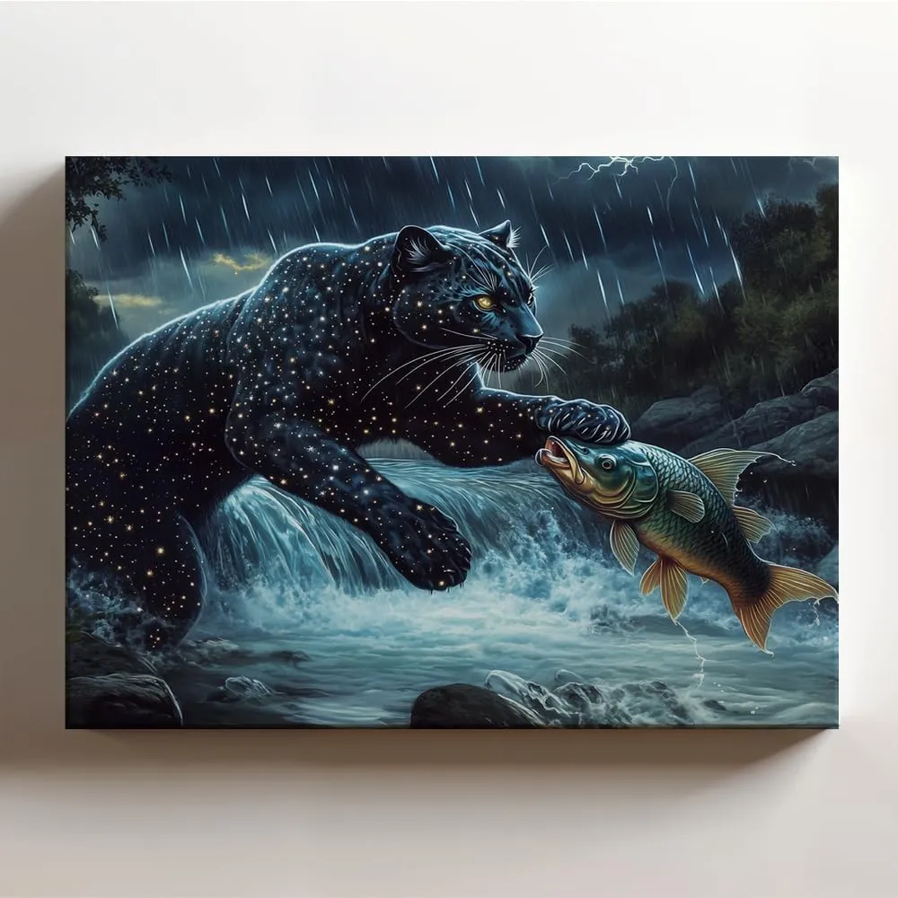 (20 x 16 x 1.25 IN) Gallery Wrapped Canvas Wall Art Print of Gothic Art of a Celestial Panther with Starry Fur Catching Fish in a Thunderstorm River Setting - Evoking Ancient Resili - 925UNCAi468403WH