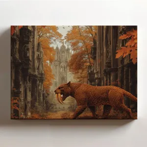 (20 x 16 x 1.25 IN) Gallery Wrapped Canvas Wall Art Print of Majestic Pop Art of an Ancient Saber-tooth Panther in a Gothic Forest Setting - Stunning Wildlife Wall Art for Home Deco - 925UNCAi458703WH