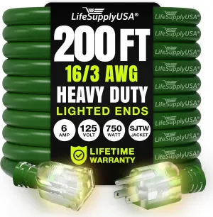200ft Outdoor/Indoor Extension Cord 16/3 Gauge Heavy Duty 3 Prong SJTW, Waterproof, Flexible Cold-Resistant Long Power Cord,125 Amp 750W, Green by LifeSupplyUSA