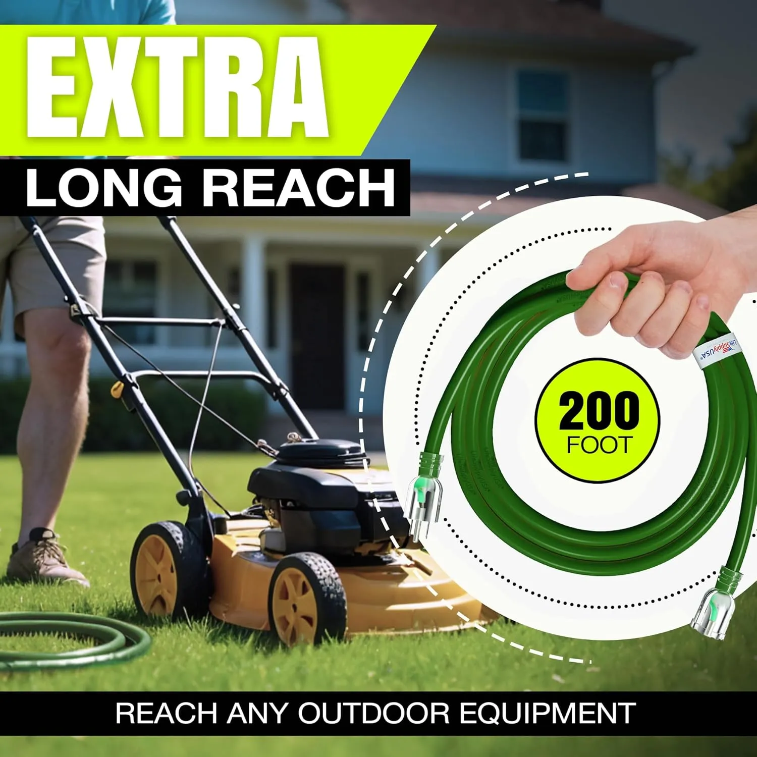 200ft Outdoor/Indoor Extension Cord 16/3 Gauge Heavy Duty 3 Prong SJTW, Waterproof, Flexible Cold-Resistant Long Power Cord,125 Amp 750W, Green by LifeSupplyUSA