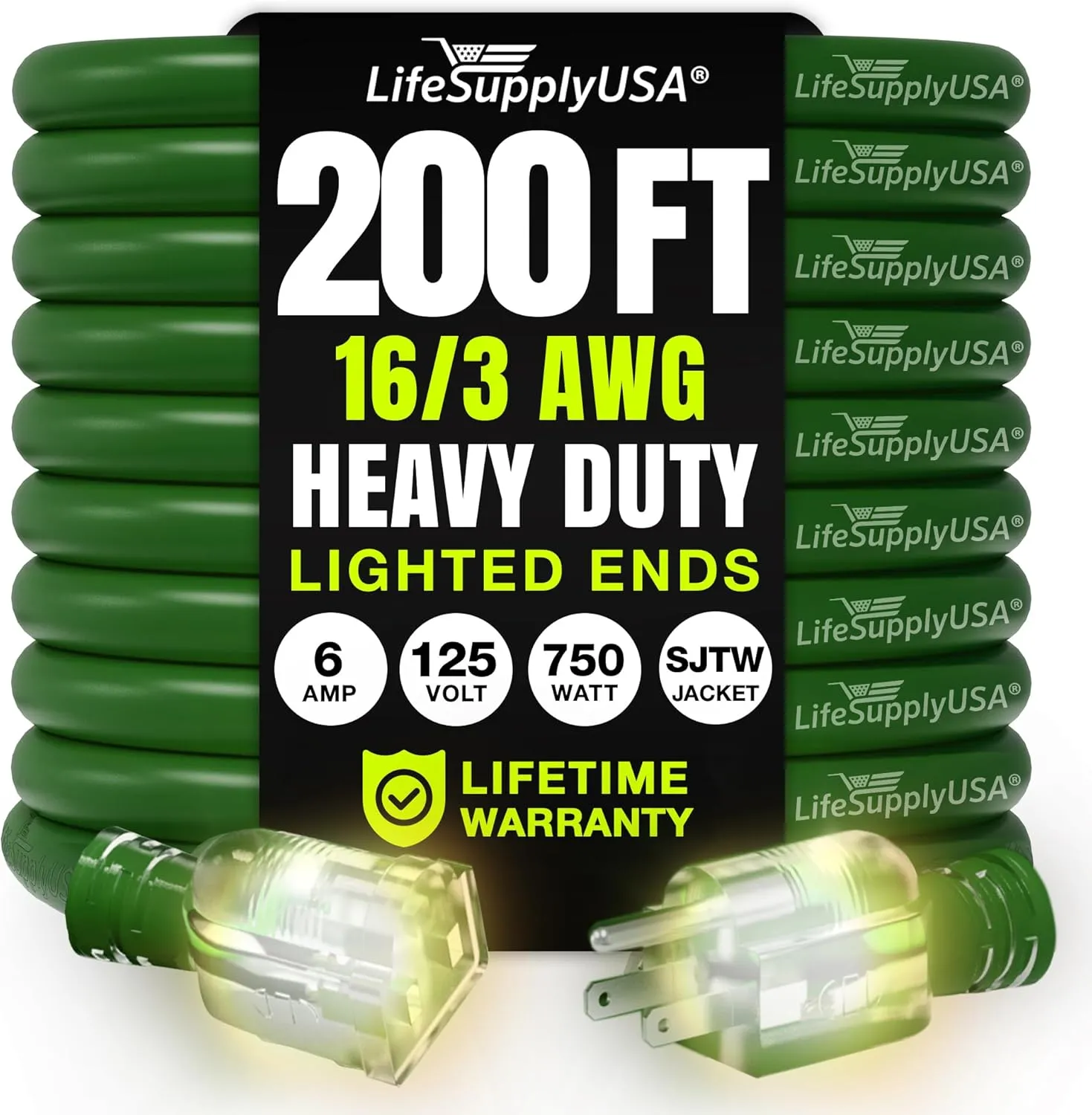 200ft Outdoor/Indoor Extension Cord 16/3 Gauge Heavy Duty 3 Prong SJTW, Waterproof, Flexible Cold-Resistant Long Power Cord,125 Amp 750W, Green by LifeSupplyUSA