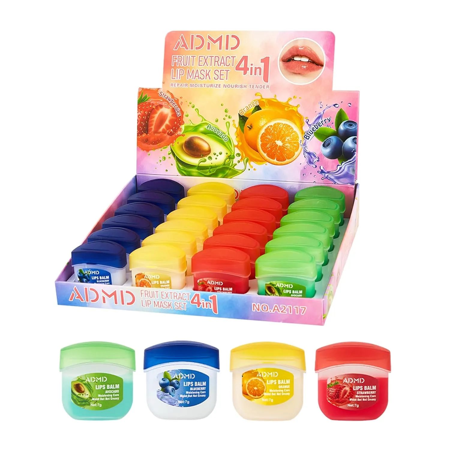 24-Pack Assorted Fruit Lip Balm Set–Hydrating,Repairing (Avocado,Blueberry,Strawberry,Orange) for Soft,Glowing Lips Moisturizing Lip Treatment