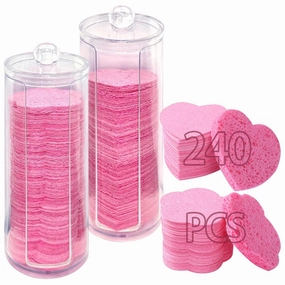 240 Pcs Compressed Facial Sponges with 2 Container, Natural Cellulose Spa Sponges for Face Cleansing, face Sponge Disposable Sponge Pads for Massage, Makeup Removal. (Heart Flower)