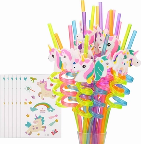 24 Reusable Unicorn Drinking Plastic Straws   6 Temporary Tattoos for Girls | Birthday Party Supplies - Rainbow Unicorn Party Favors Decorations with 2 Cleaning Brush