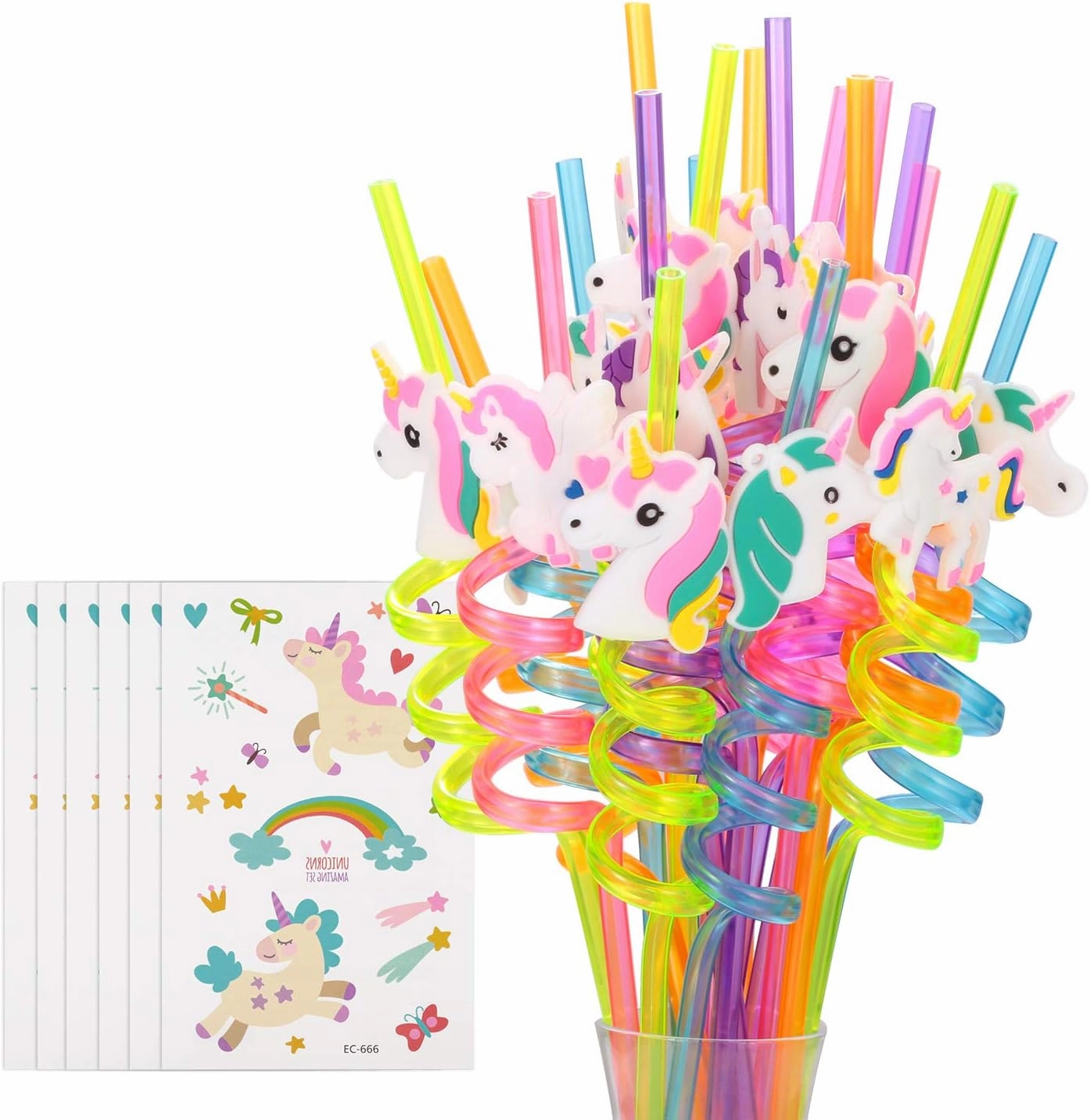 24 Reusable Unicorn Drinking Plastic Straws   6 Temporary Tattoos for Girls | Birthday Party Supplies - Rainbow Unicorn Party Favors Decorations with 2 Cleaning Brush