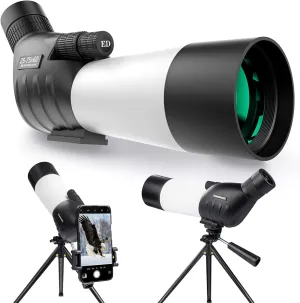 25-75x60 Spotting Scopes for Target Shooting Spotter Scope Hunting Bird Watching 45 Degree Angled with Tripod Carrying Bag Smartphone Adapter White