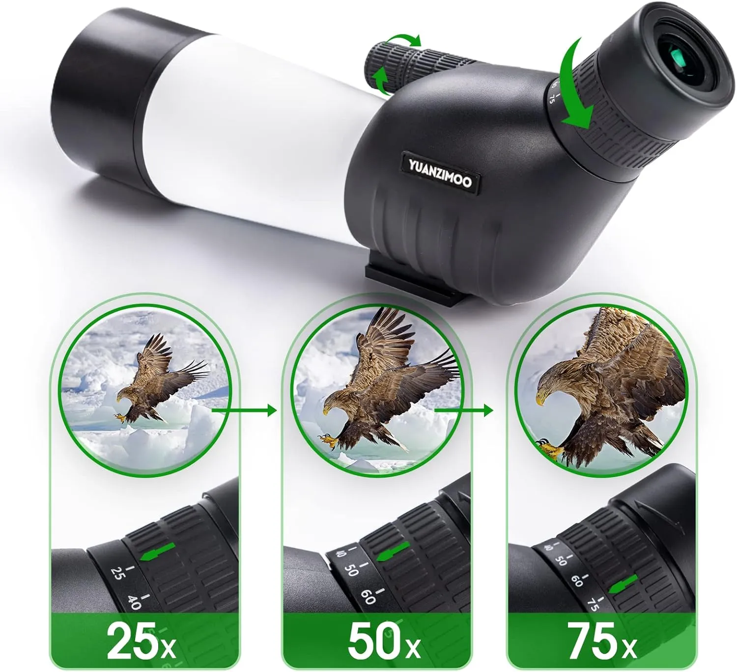 25-75x60 Spotting Scopes for Target Shooting Spotter Scope Hunting Bird Watching 45 Degree Angled with Tripod Carrying Bag Smartphone Adapter White