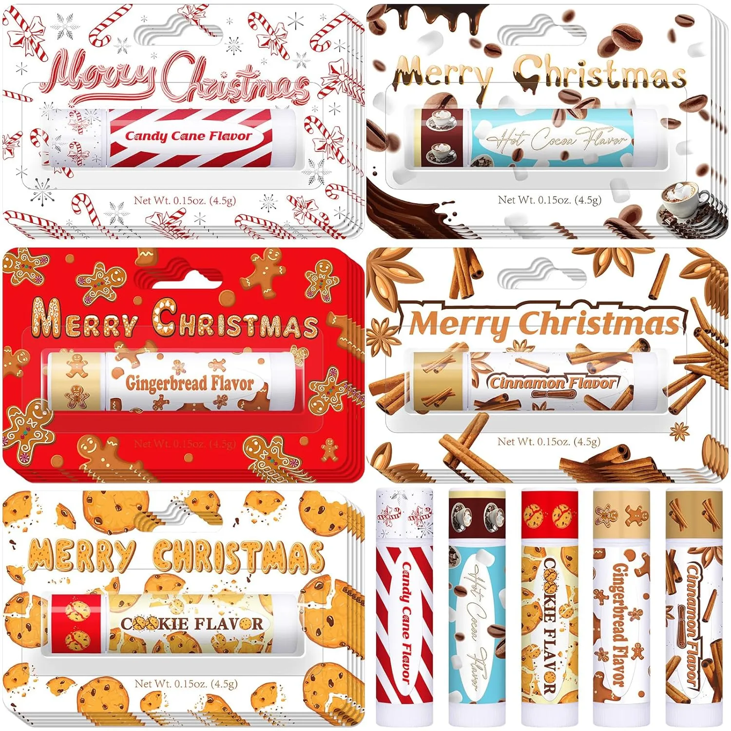 25 Pcs Christmas Peppermint Lip Stick Christmas Lip Balms in Bulk Mint Candy Cinnamon Hot Cocoa Cookie Gingerbread Biscuits Scented 5 Assorted Flavors Stocking Stuffers Party Favors