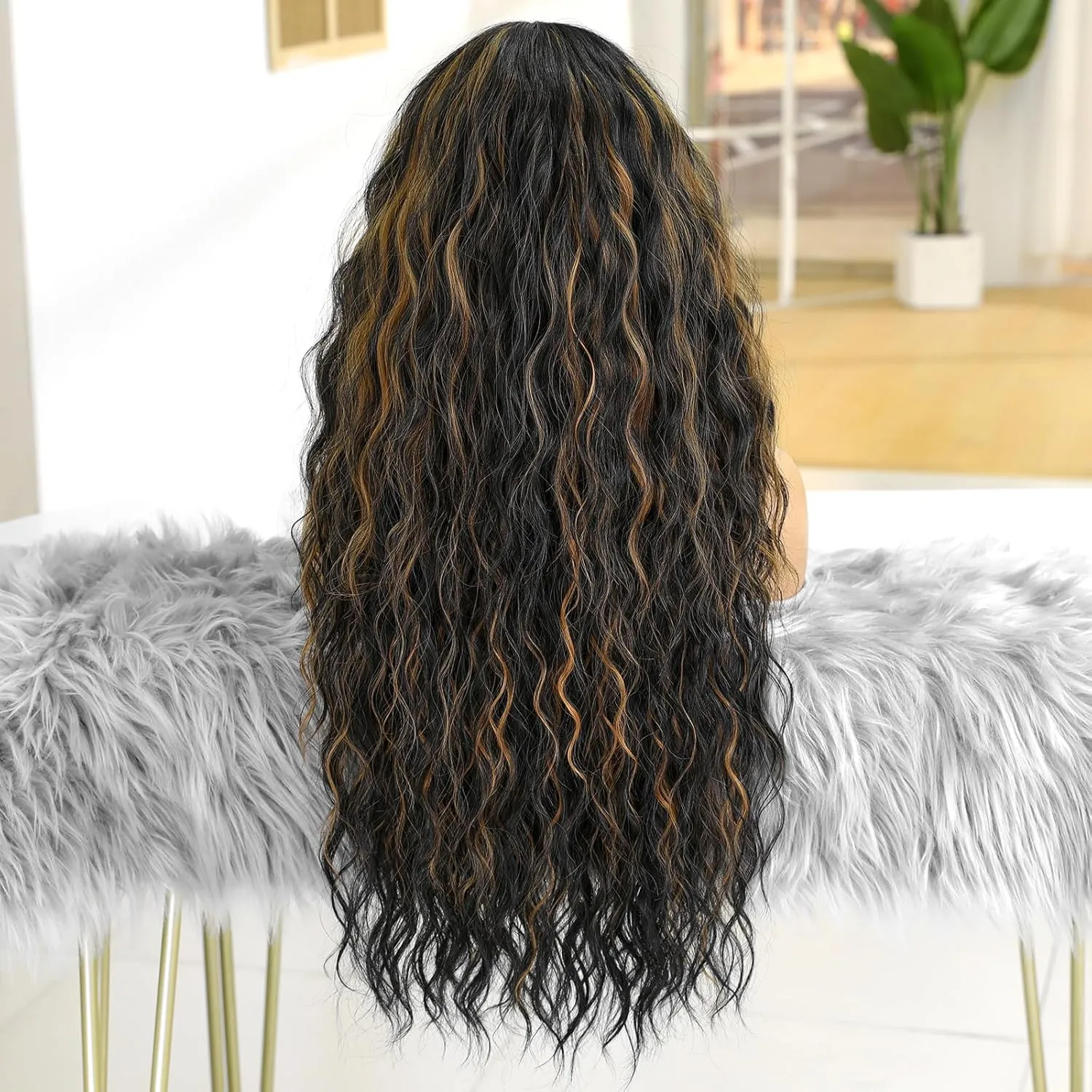 26 Inch Water Wave Wig for Women Synthetic Curly Hair Wig Black Mixed Brown Wear and Go Glueless Wig Hair Replacement Wigs for Daily Use