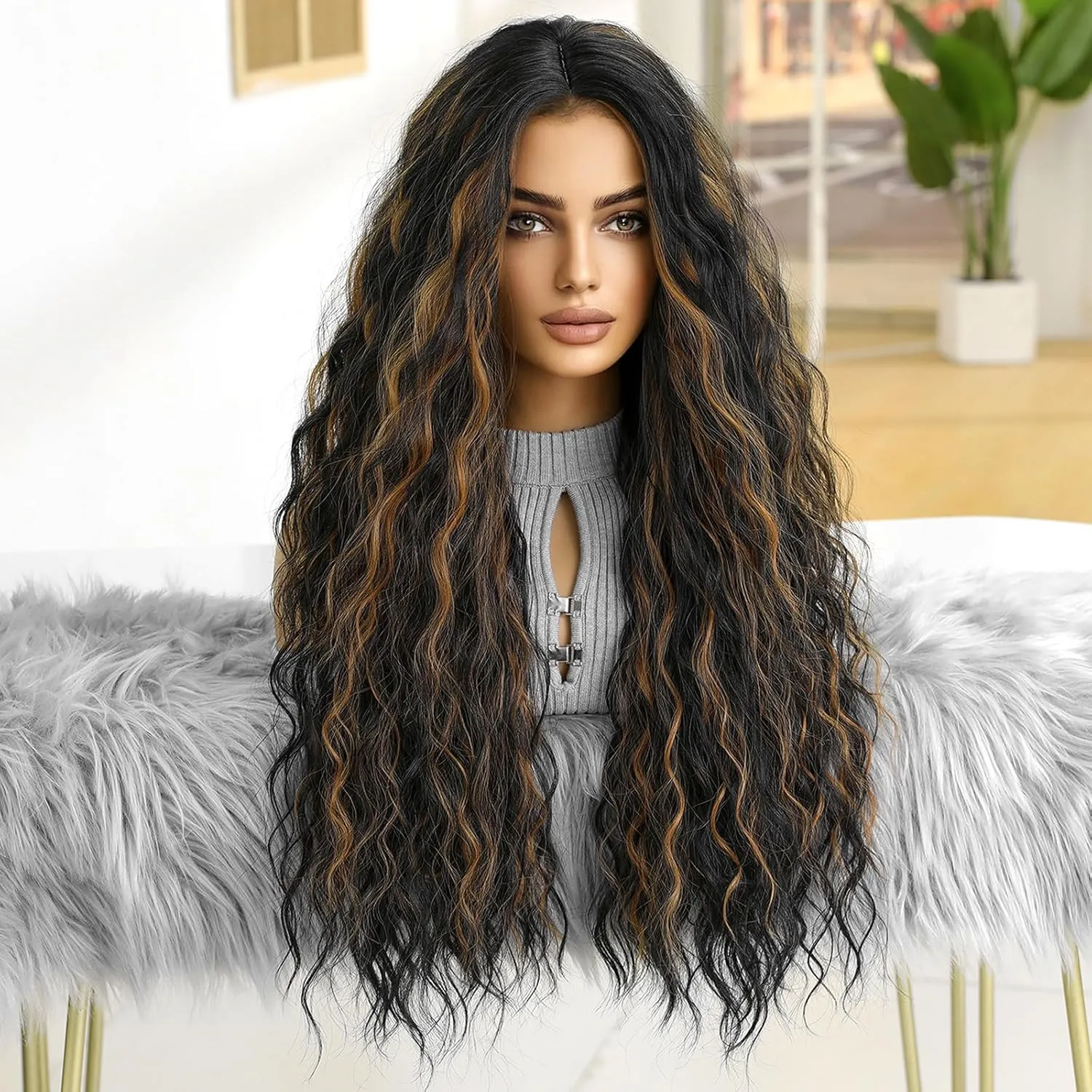 26 Inch Water Wave Wig for Women Synthetic Curly Hair Wig Black Mixed Brown Wear and Go Glueless Wig Hair Replacement Wigs for Daily Use