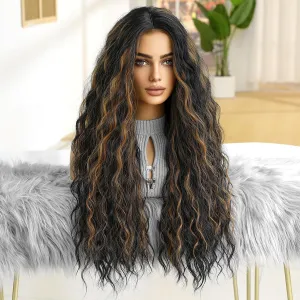 26 Inch Water Wave Wig for Women Synthetic Curly Hair Wig Black Mixed Brown Wear and Go Glueless Wig Hair Replacement Wigs for Daily Use