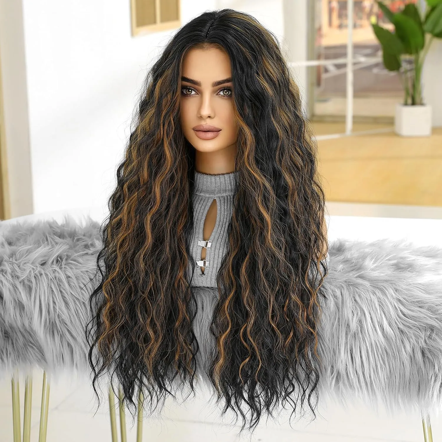 26 Inch Water Wave Wig for Women Synthetic Curly Hair Wig Black Mixed Brown Wear and Go Glueless Wig Hair Replacement Wigs for Daily Use