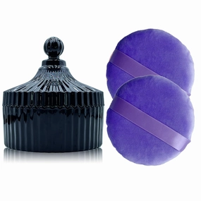 2 Pack Extra Large 5.2" Beige & Purple Powder Puffs and 5.3" Glass Container – Oversized Soft Body & Face Large Powder Puff Dusting Powder Jar Holder Case(Black Glass)