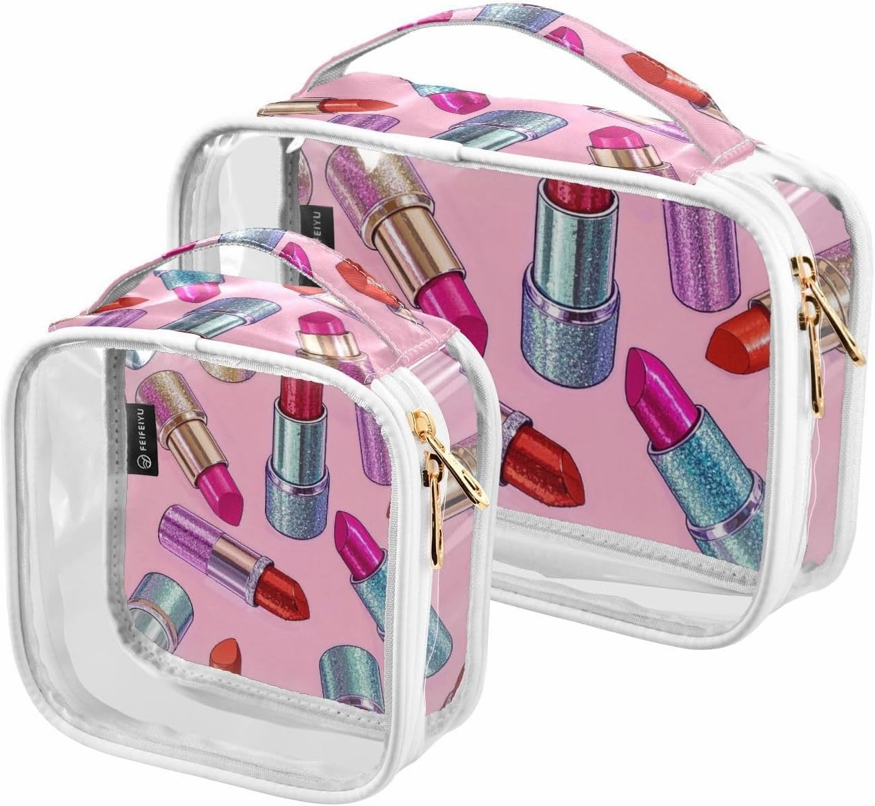 2 Pack Fake Glitter Cartoon Lipstick Pink clear decorative toiletry bag set TSA approved multifunctional large cosmetic bags for women shaving essentials maquillaje para