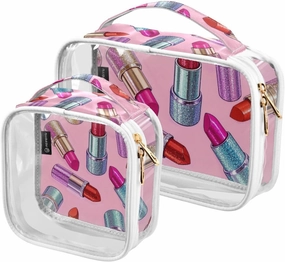 2 Pack Fake Glitter Cartoon Lipstick Pink clear decorative toiletry bag set TSA approved multifunctional large cosmetic bags for women shaving essentials maquillaje para