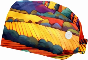 2-Pc,Scrub Bouffant Caps,Workout Hat with Sweatband Headgear for Women,Colored Trees Field Mountains